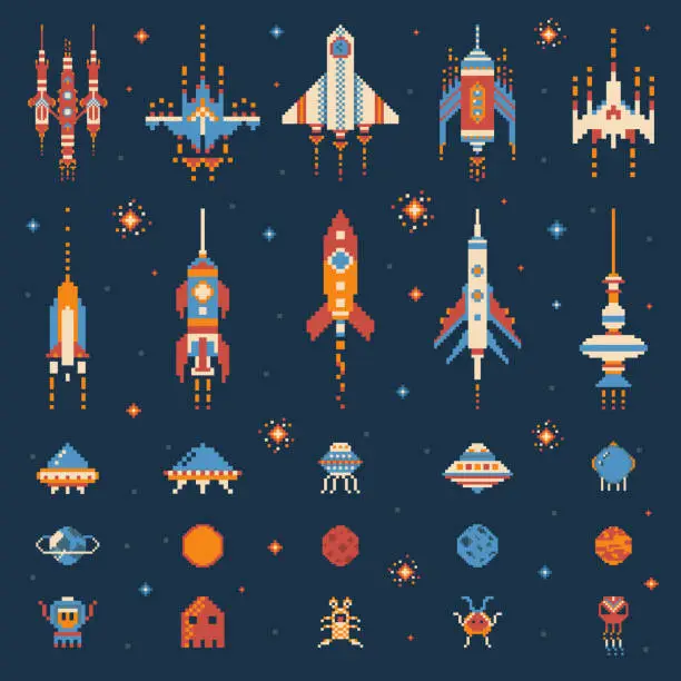 Vector illustration of Vintage 8 bit Space Game Icon Set