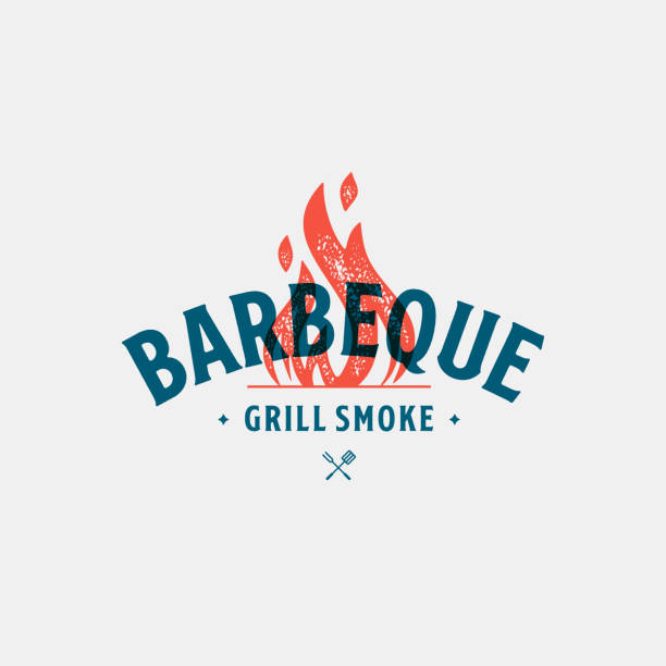 grill vintage symbol niebieski i czerwony wektor ilustracja - barbecue grill barbecue cooking hot dog stock illustrations