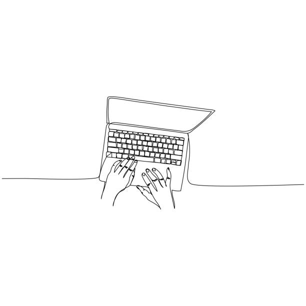 ręce na komputerze. ciągły rysunek jednej linii. minimalistyczny design. ilustracja wektorowa. - computer keyboard obrazy stock illustrations