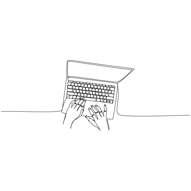 ilustrações, clipart, desenhos animados e ícones de mãos no computador. desenho contínuo de uma linha. design minimalista. ilustração vetorial. - computador ilustrações