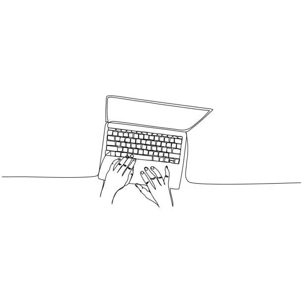 Vector illustration of Hands on computer. Continuous one line drawing. Minimalist design. Vector illustration.