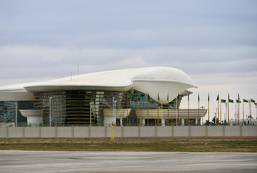 Ashgabat, Turkmenistan: Ashgabat International Airport, Oghuz Khan Airport - presidential terminal, in the form of a fat falcon, land side view - VIP Terminal for the use of the President of Turkmenistan and State Guests - Asgabat halkara howa menzili.