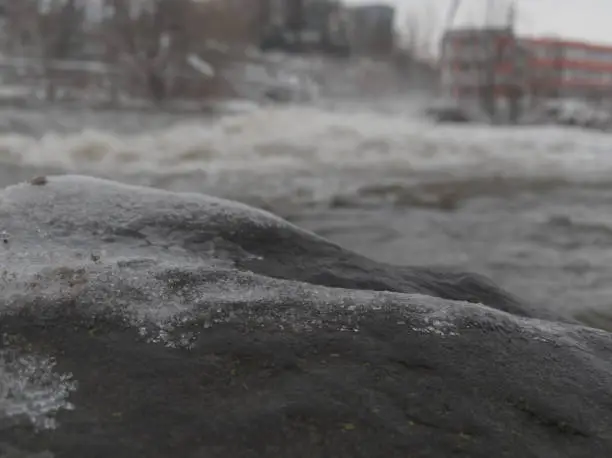 Photo of High tide in jena at saale river in winter 2021 closeup focus