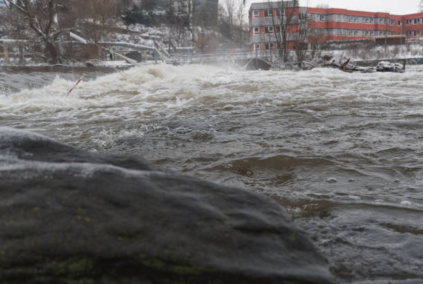High tide in jena at saale river in winter 2021