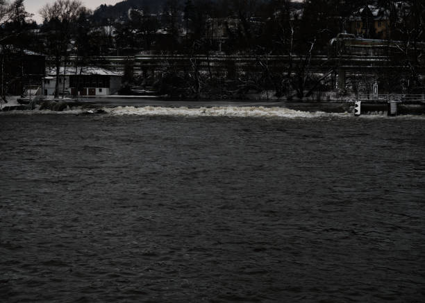 high tide flood jena saale river winter 2021 outside leaflet advertising newspaper journal