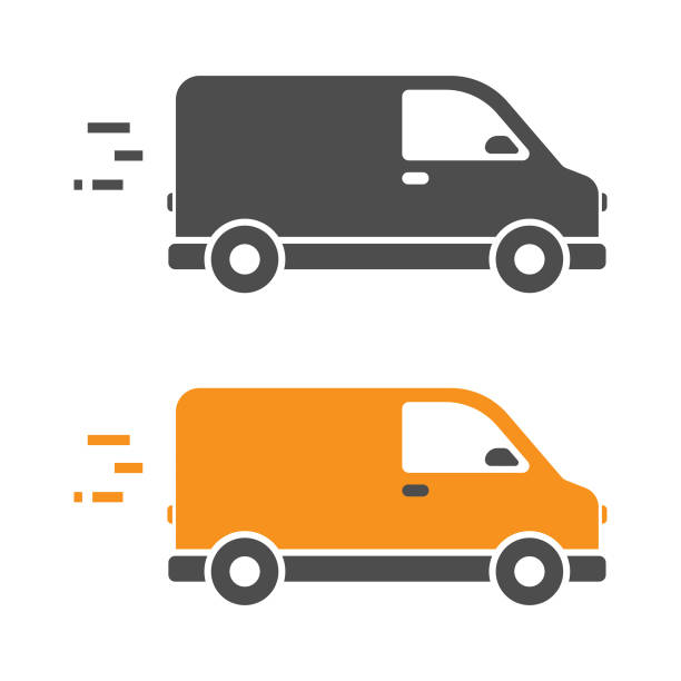 ilustraciones, imágenes clip art, dibujos animados e iconos de stock de diseño vectorial de icono de entrega rápida. - delivery van truck freight transportation cargo container