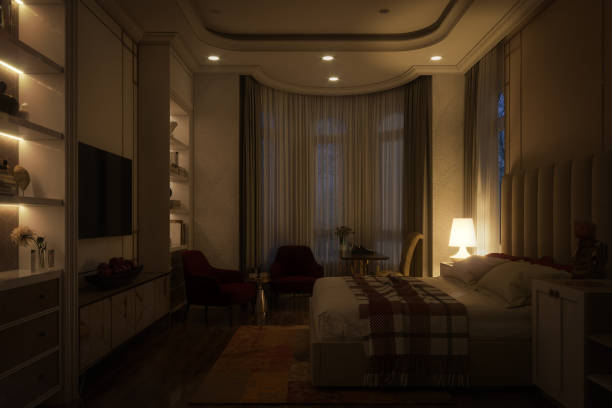 luxuriöses hauptschlafzimmer - schwache beleuchtung stock-fotos und bilder