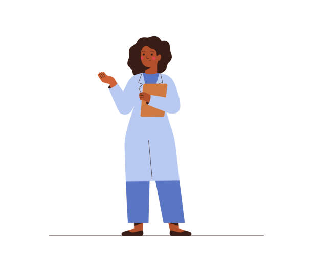 ilustraciones, imágenes clip art, dibujos animados e iconos de stock de mujer negra doctora en uniforme médico señalando y mostrando smth con la mano. mujer trabajadora de medicina afroamericana confiada explicando y presentando algo. - explaining