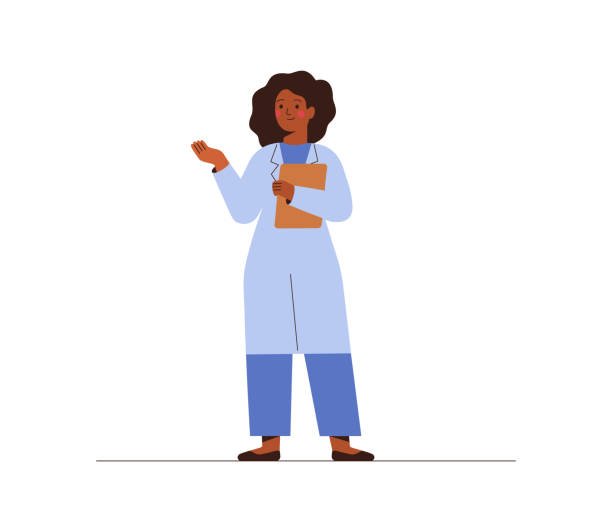 illustrations, cliparts, dessins animés et icônes de docteur féminin noir dans l’uniforme médical pointant et montrant la smth avec la main. ouvrier en médecine afro-américain confiant expliquant et présentant quelque chose. - médecin