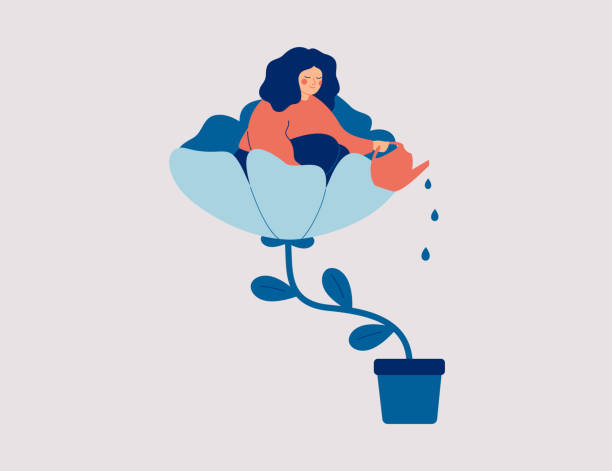 행복한 여자가 꽃에 앉아 그것을 물. 웃는 소녀는 자신과 그녀의 미래에 관심이 있습니다. 자신을 사랑하고 건강한 라이프 스타일의 개념. - 생활 방식 이미지 stock illustrations