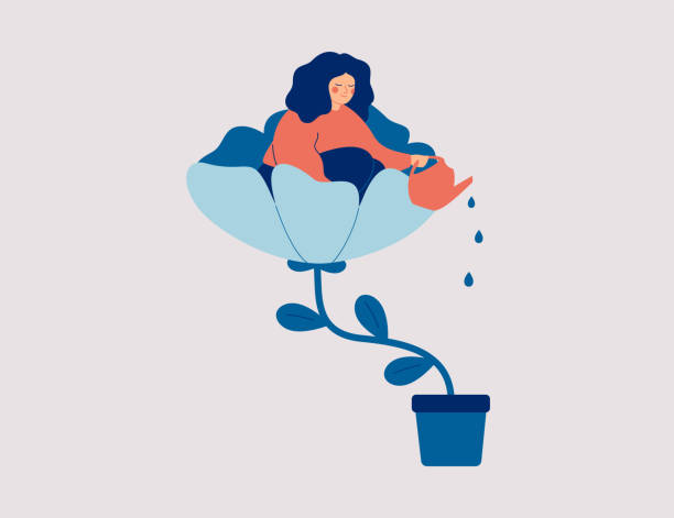 ilustrações de stock, clip art, desenhos animados e ícones de a happy woman sits in the flower and waters it. smiling girl cares about herself and her future. concept of love yourself and a healthy lifestyle. - wellbeing