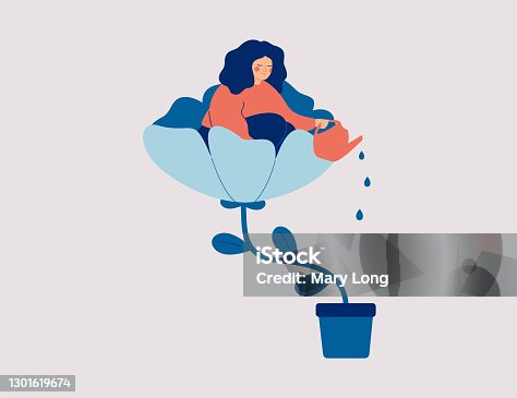 istock A happy woman sits in the flower and waters it. Smiling girl cares about herself and her future. Concept of love yourself and a healthy lifestyle. 1301619674