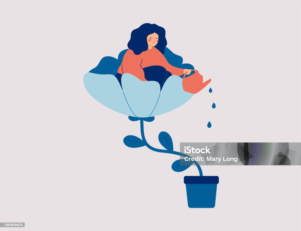A happy woman sits in the flower and waters it. Smiling girl cares about herself and her future. Concept of love yourself and a healthy lifestyle. A happy woman sits in the flower and waters it. Smiling girl cares about herself and her future. Concept of love yourself and a healthy lifestyle. Vector illustration. Wellbeing stock vector