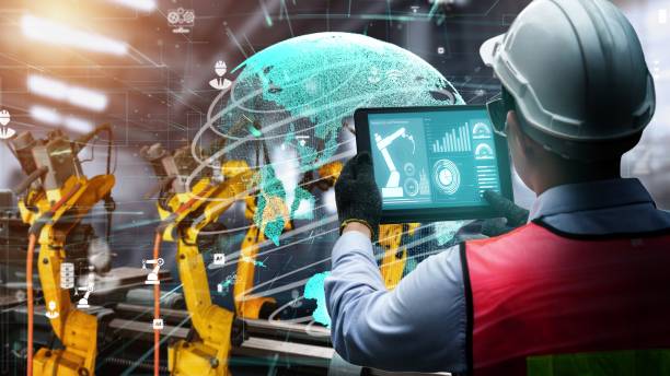 istock Smart industry robot arms modernization for digital factory tech 1301619961