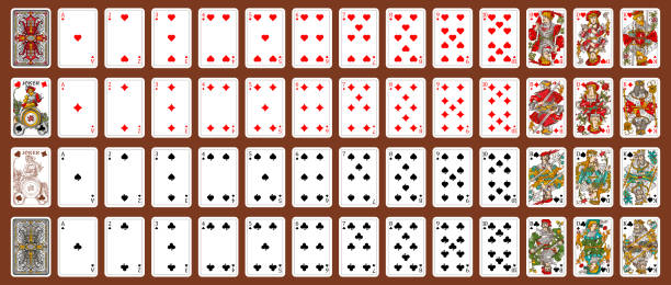 ilustraciones, imágenes clip art, dibujos animados e iconos de stock de nueva franzosische spielkarte jugando a las cartas, versión simplificada. set de poker con cartas aisladas. cartas de póquer, baraja completa. - bridge juego de cartas