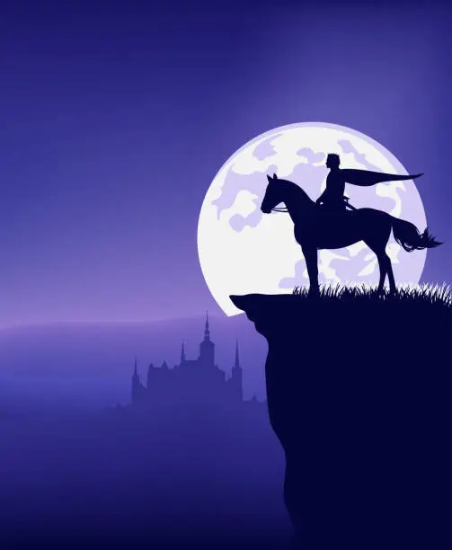 Vector illustration of fantasy prince and horse at night with full moon and castle vector silhouette