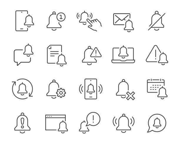 benachrichtigungssymbole festgelegt. sammlung von einfachen linearen web-symbole wie telefonbenachrichtigungen, benachrichtigungen entfernen, aufmerksamkeit, dokument, nachricht, einstellungsbenachrichtigungen und andere bearbeitbare vektorstrich. - türklingel stock-grafiken, -clipart, -cartoons und -symbole