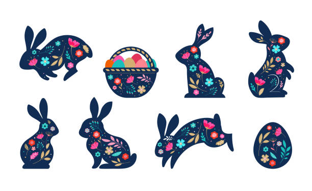 Happy Easter, decorated Easter card, banner. Bunnies, Easter eggs, flowers and basket. Folk style patterned design. Happy Easter, decorated Easter card, banner. Bunnies, Easter eggs, flowers and basket. Folk style patterned design. Vector illustration easter easter egg eggs basket stock illustrations
