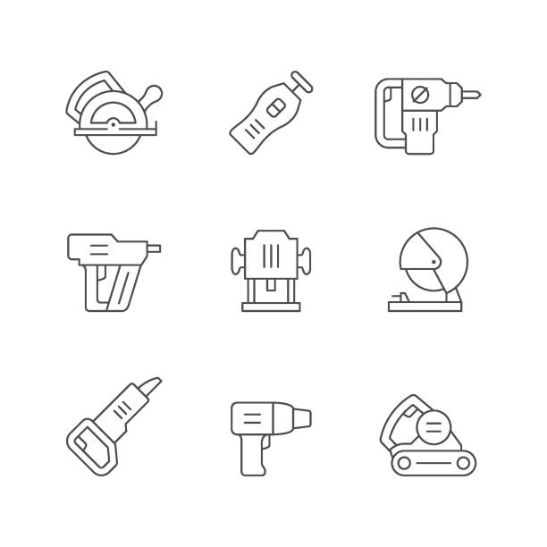 Set line icons of power tool Set line icons of power tool isolated on white. Circular and chop saw, rotary hammer, wood router, nail gun, belt sander. Construction equipment. Vector illustration work tool nail wood construction stock illustrations