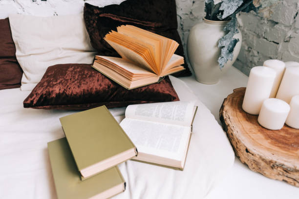 istock Books on white sofa with pillows in cozy home. Leisure concept 1301625779