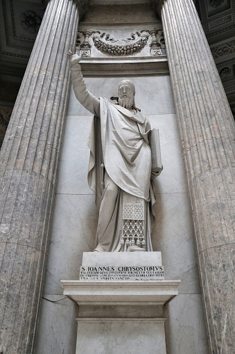 Naples, Campania, Italy - February 4, 2021: Statue of San Giovanni Crisostomo made by Gennaro Cali in the Basilica of San Francesco da Paola