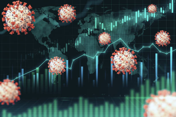 istock Crisis for the good concept with digital screen with growing financial graph chart, world map scheme and flying corona virus molecules. 3D rendering. 1301626107