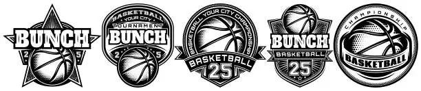 Vector illustration of Set of monochrome templates on the theme of basketball. Vector editable illustration. Elements for business card design, style, website, print on a t-shirt