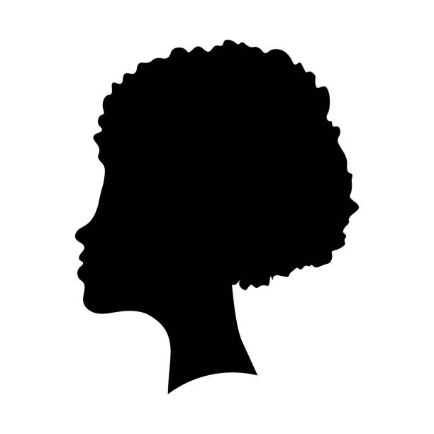 schwarze weibliche silhouetten, gesichtsprofil, vignette. afro frau im profil.  hand gezeichnete vektor-illustration, isoliert auf weißem hintergrund. design für einladung, grußkarte, vintage-stil. - afro women african descent silhouette stock-grafiken, -clipart, -cartoons und -symbole