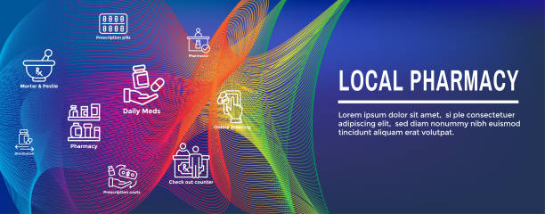 Pharmaceuticals and medications icon set w web header banner Pharmaceuticals & medications icon set with web header banner otc-bottle stock illustrations