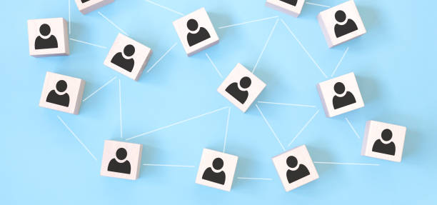 istock Wooden cube block print screen person icon which link connection network for organisation structure social network and teamwork concept. 1301632466