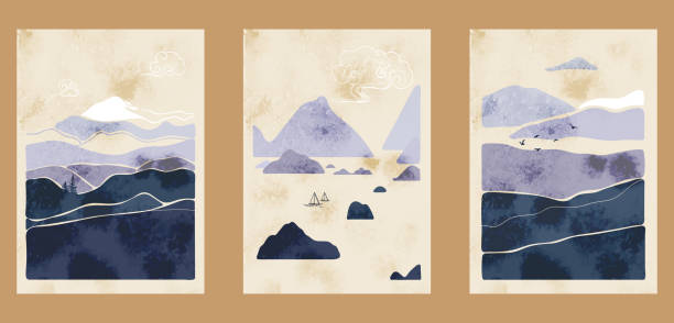 istock Set of three minimalist abstract backgrounds with watercolor texture, mountains, lines, islands, sea, yachts. 1301634611