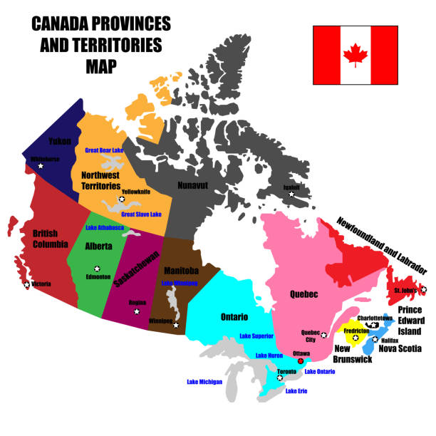 ilustraciones, imágenes clip art, dibujos animados e iconos de stock de mapa completo de vectores de canadá de provincias, territorios y capitales en colores brillantes. - canada provinces flag vancouver