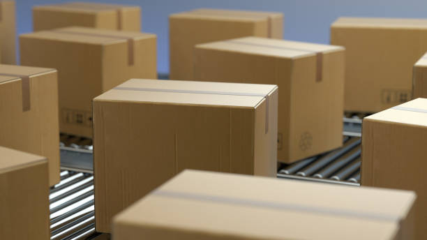 istock Cardboard boxes on conveyor belt line isolated on white grey background. Distribution warehouse. E-commerce, production, storage, delivery and packaging service concept. 3d render 1301637043
