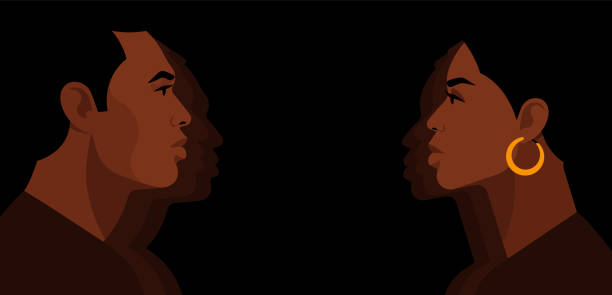 Young African Americans: a man and a woman are facing each other. Young African Americans: a man and a woman are facing each other. Black citizens are fighting for equality. Social problems. Black background. african american male model stock illustrations
