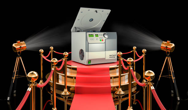 istock Podium with laboratory centrifuge, 3D rendering isolated on white background 1301640128