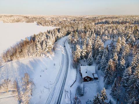 Aerial view to Winter Forest At Sunset time