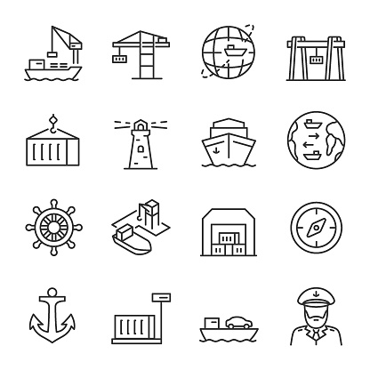 Seaport, icon set. Equipment for the shipping industry. Marine port and freight vessels. Logistic. editable stroke