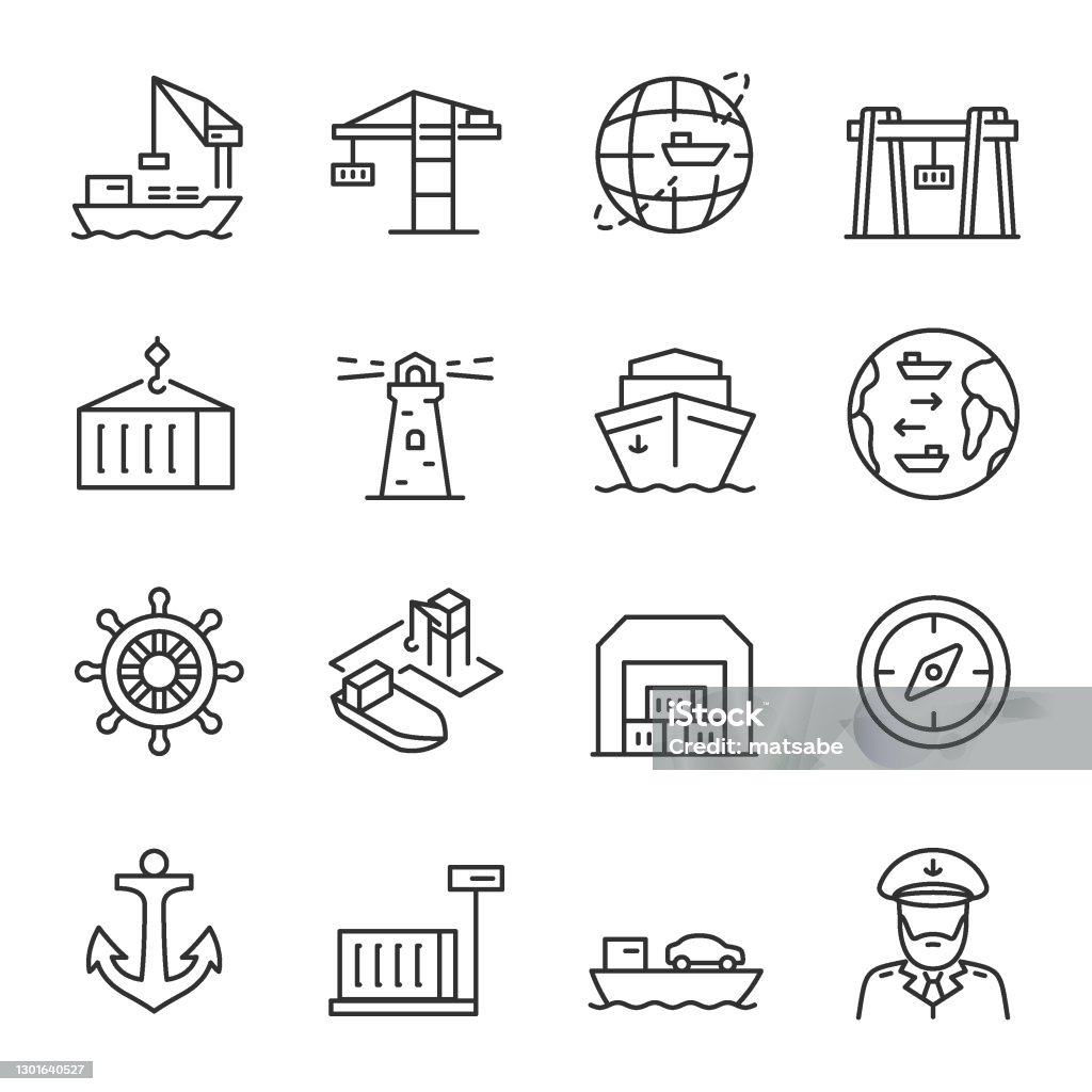 Seaport, icon set. Equipment for the shipping industry. Marine port and freight vessels. Logistic. Line with editable stroke Seaport, icon set. Equipment for the shipping industry. Marine port and freight vessels. Logistic. editable stroke Icon stock vector