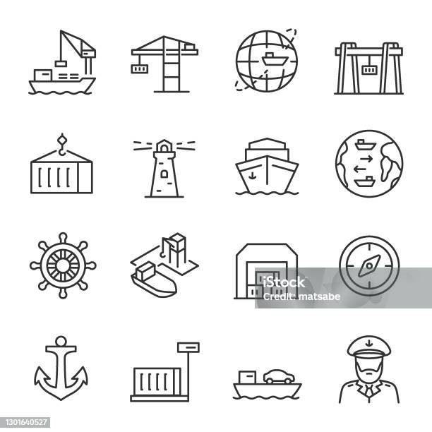 Seaport Icon Set Equipment For The Shipping Industry Marine Port And Freight Vessels Logistic Line With Editable Stroke Stock Illustration - Download Image Now