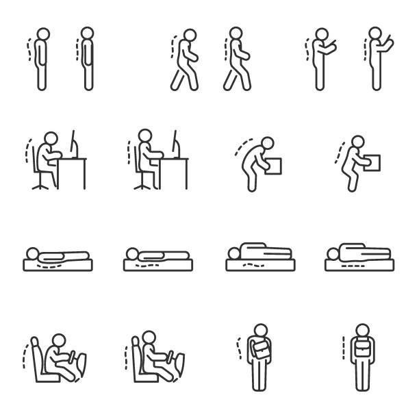 ilustrações de stock, clip art, desenhos animados e ícones de good posture icon set. ergonomic. correct human poses. line with editable stroke - pesado peso