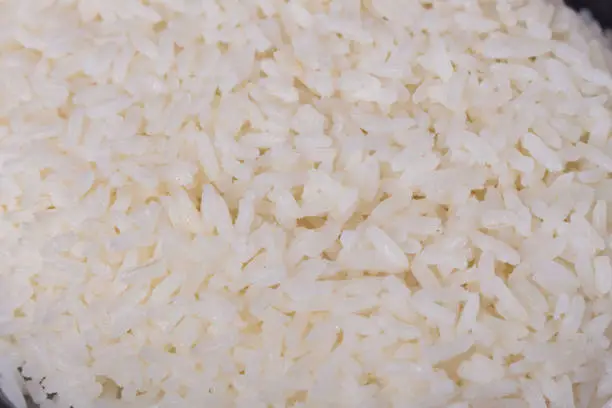 Photo of Cooked white rice. Macro photography.