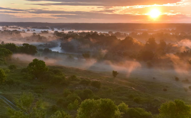 istock Sunrise of meadow with forest in sunlight and mist 1301641697