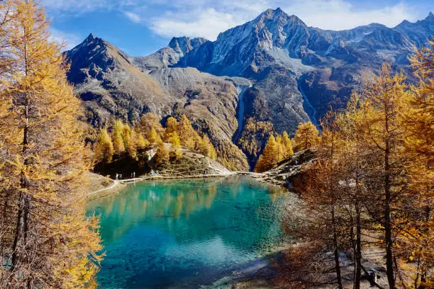 Panoramic view of idyllic summer landscape in the Alps with clear mountain lake and fresh autumnal mountain trees in the background.