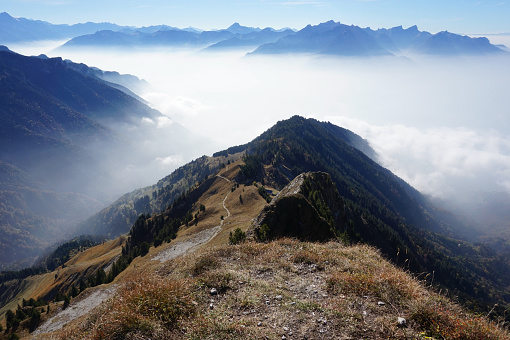 Sea of Cloud from top of mountain in Switzerland. Autumn in Switzerland. Rochers de Naye, Switzerland.