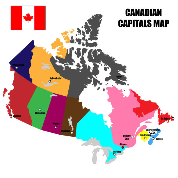 ilustraciones, imágenes clip art, dibujos animados e iconos de stock de mapa vectorial de canadá con capitales canadienses en provincias y territorios en colores multicolores - canada provinces flag vancouver