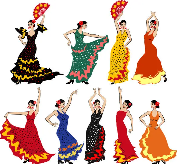 Vector illustration of Set of flamenco dancers in colorful traditional spanish dresses isolated on white background