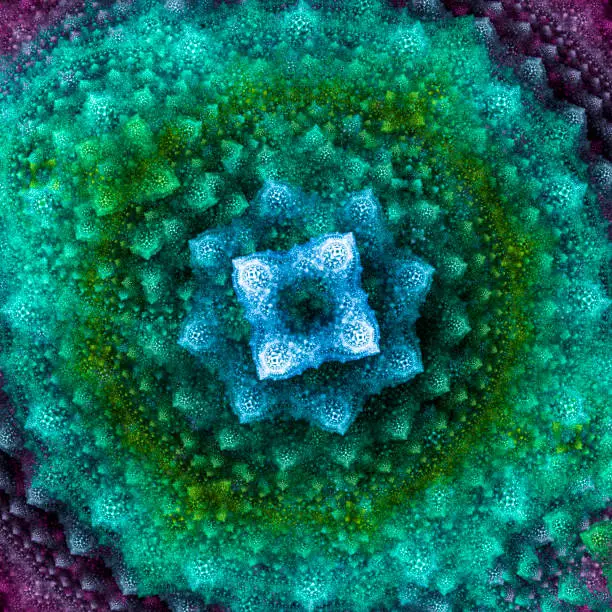 Photo of High resolution multicolored fractal background which patterns remind those of cacti, as seen from above.