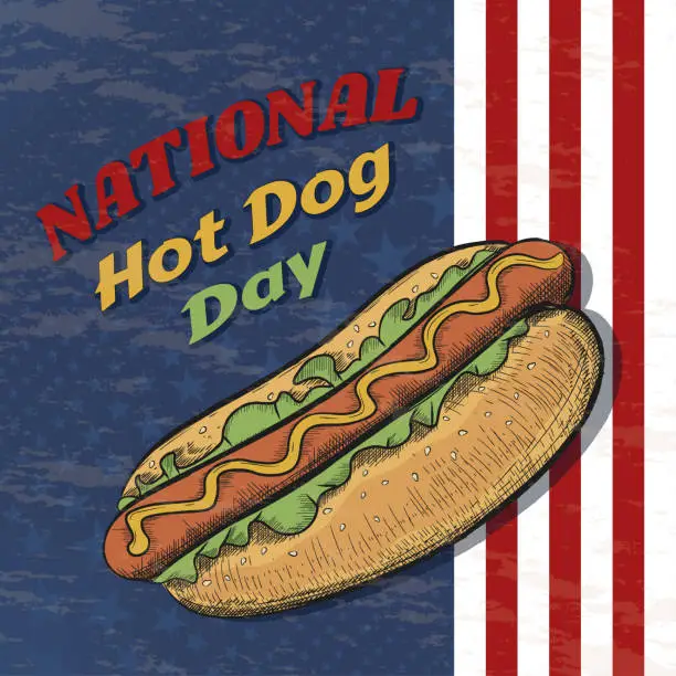 Vector illustration of National Hot Dog Day vector poster in vintage style