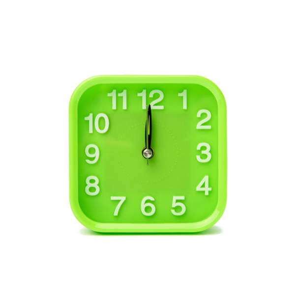 A Modern Flat Lay Illustration featuring a vibrant Green Color Alarm Clock with a Retro Style. The Analog Clock Face is set against a dynamic, diagonally split Backgrounds of an Orange - Color and white Pattern and a solid Blue Background offering copy space. This Conceptual Symbol evokes Alertness for Morning Waking up, meeting a Deadline, or Planning a schedule. The Contemporary Design and bold Colors create an energetic and focused mood.