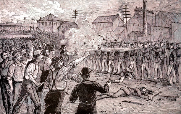 ilustraciones, imágenes clip art, dibujos animados e iconos de stock de halsted street riot en chicago, 1877 - crowd community large group of people protest